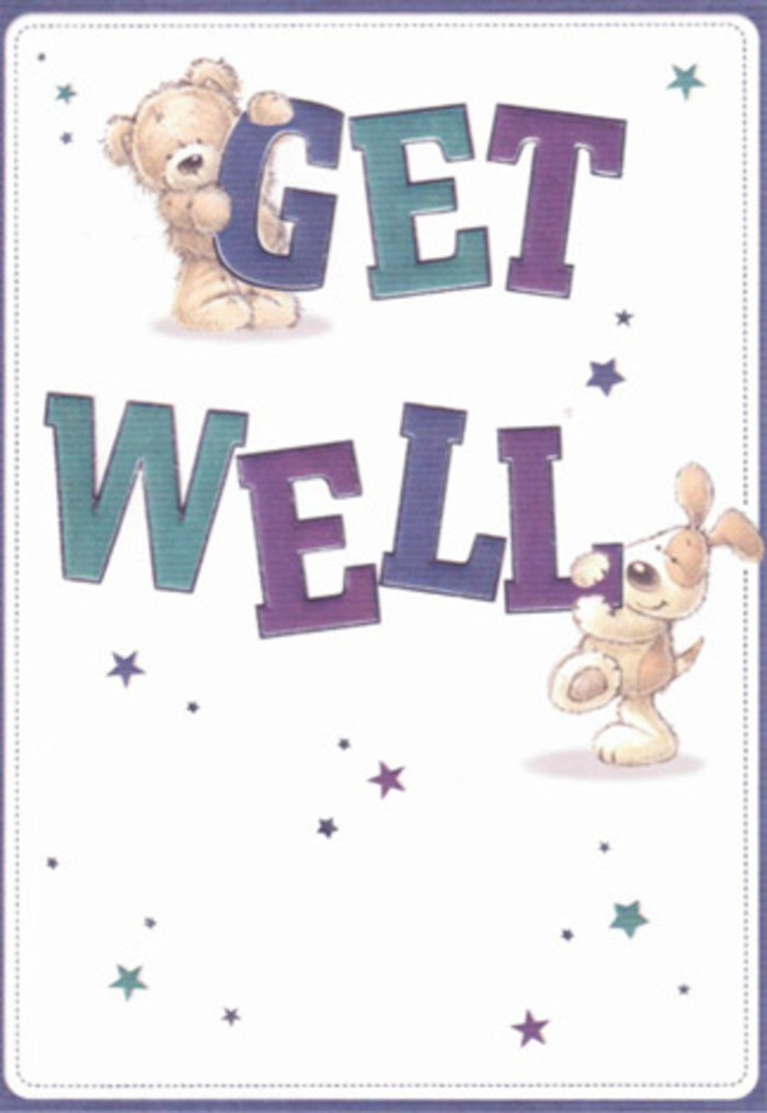 Overflowing with encouragement and genuine care, this illustrated get well card captures the inviting heart of Canning Town, echoing the comfort found along its lively streets. In the design, a friendly bear and a floppy-eared puppy are brought to life with soft, tactile brushwork-the bear's fur rendered as plush and comforting, the puppy's ears velvety and endearing. They interact playfully with bold letters shaded in deep purples and aquas, spelling out 'Get Well' in a way that feels almost three-dimensional. Floating among them are whimsical stars in blues and violets, scattered thoughtfully to send blessings much like a hand-gathered bouquet meant to soothe. The crisp white background infuses the scene with a sense of freshness, reminiscent of the clean light drifting in from nearby parks or the Thames Barrier. Every aspect, from the expressive faces to the confident typography, is designed with the same dedication to detail as a signature Flowers Canning Town arrangement-crafted to radiate positivity and heartfelt care throughout the local area.