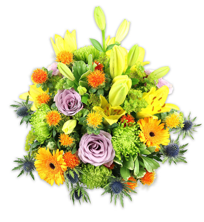 Presented on a crisp white field that makes every hue sing, this abundant floral arrangement is a study in joyful contrasts: warm, luminous yellows and oranges balanced by soft lavender and cool steely blues. Yellow Asiatic lilies dominate the silhouette, some fully open to reveal speckled inner petals and delicate stamens, others standing as graceful buds that lift the eye. Intertwined are gentle lavender roses whose velvety spirals introduce calm and a faint, sweet perfume. Bright orange gerbera daisies, with their broad, sunlike faces and deeper centres, scatter cheer across the round mound, while lime-green button chrysanthemums provide a textured, almost cushion-like mass that fills and shapes the bouquet. Scattered clusters of small, spherical orange and golden-yellow blooms add lively punctuation and a hint of playful spike, and blue-grey Eryngium thistles push through the composition at lower planes, their star-shaped bracts cutting a crisp, architectural line against softer petals. Various greens-from broad lily leaves to glossy filler foliage-lend depth, framing the flowers in natural, layered relief. The overall impression is sun-warmed and tactile: silk petals, papery gerbera rays, dense pom-pom texture and the cool, bristly bite of thistles. As an arrangement a Canning Town florist might create for guests arriving from Silvertown Way or Prince Regent Lane, it suits celebrations, heartfelt congratulations, or a comforting sympathy gesture, carrying both elegance and an everyday vibrancy that reflects local taste and seasonal freshness.